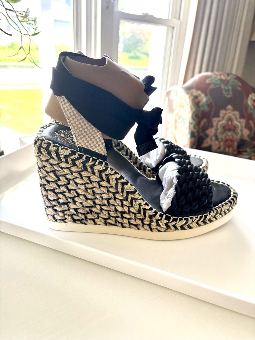 NEW Vince Camuto Black Braided Espadrille Wedge Sandals | Ankle Wrap | size 8 - Picture 2 of 8